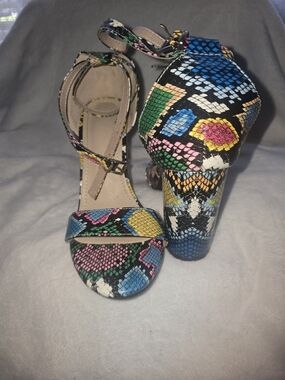Multi-Color Snake Print Block Heel Sandals - Women's Ankle Strap